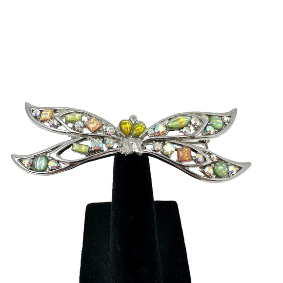 The Unbranded Brand Jewelry - Vintage Dragonfly Brooch Aurora Borealis Rhinestone Art Glass Silver Tone